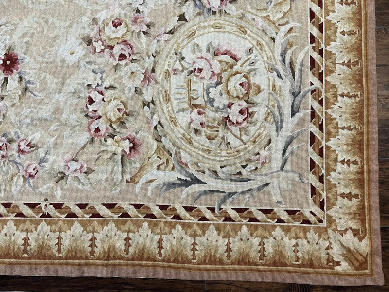 Aubusson Rug 9x12, Elegant Savonnerie Carpet 9 x 12 ft, Beige Ivory Tan, Floral, Flatweave Wool Handmade Area Rug 9 x 12 ft, European French by Jewel Rugs