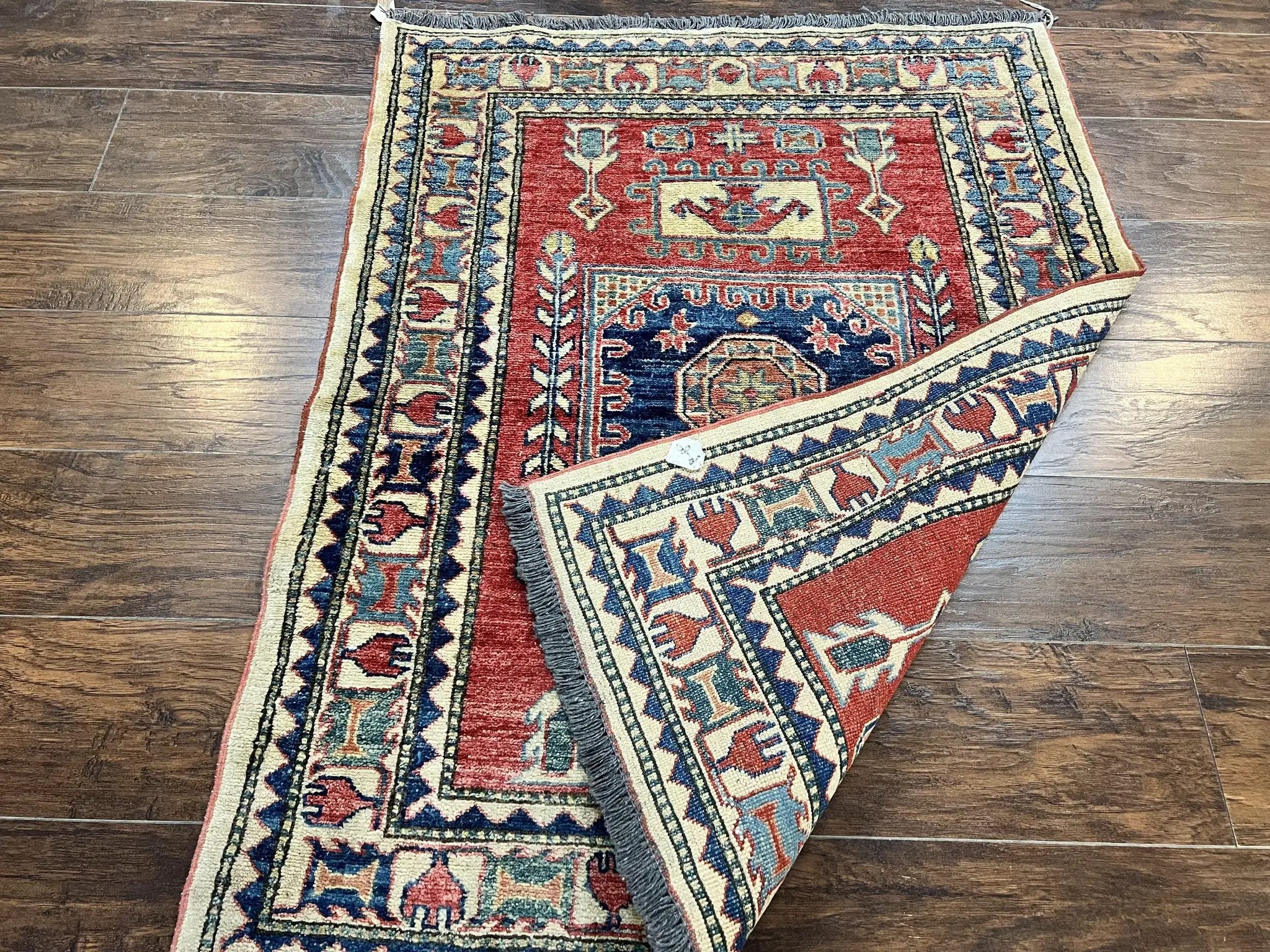 Turkish Kazak Rug 3x4, Wool Hand Knotted Small Vintage Carpet, Red Navy Blue, 3 x 4 Oriental Rug, Geometric Design by Jewel Rugs