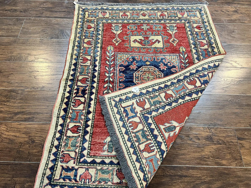 Turkish Kazak Rug 3x4, Wool Hand Knotted Small Vintage Carpet, Red Navy Blue, 3 x 4 Oriental Rug, Geometric Design by Jewel Rugs