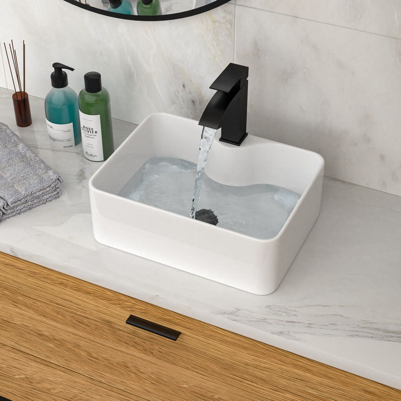 Rectangular Vessel Sink With Faucet & Drain - White / Black by HouseOfZazla