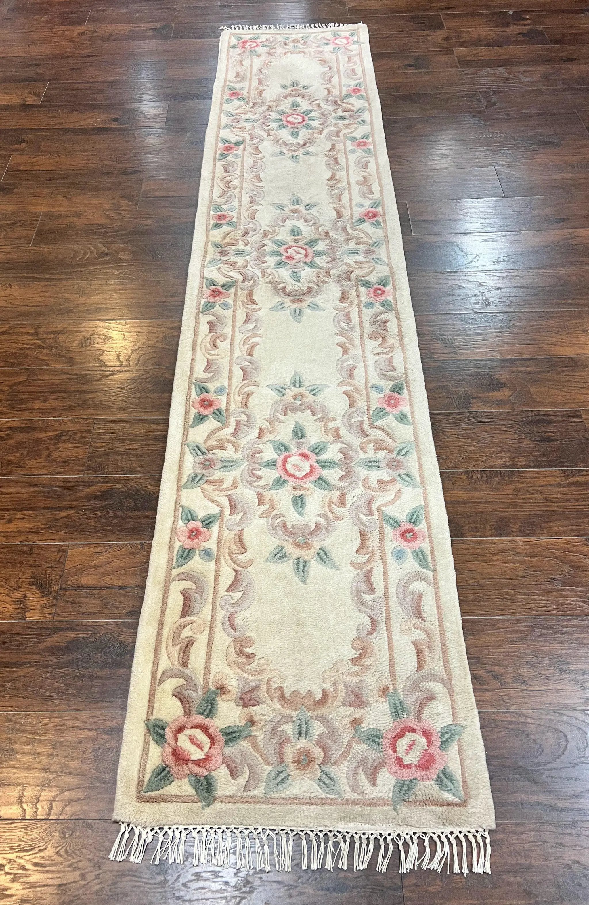 Chinese Aubusson Runner Rug 2.4 x 11, Hand Tufted Beige Floral European Design Hallway Rug, Elegant Rug, Vintage Wool Rug 11ft Long by Jewel Rugs