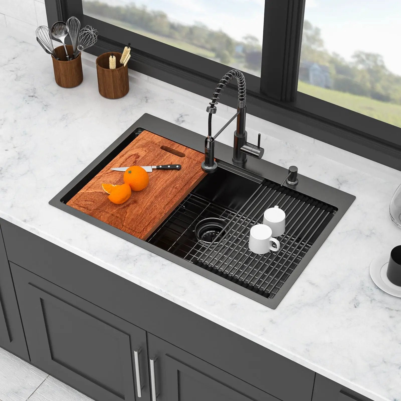 Drop In Kitchen Sink With Pull Out Faucet And Soap Dispenser, Single Bowl Topmount Sink - Gunmetal Black by HouseOfZazla