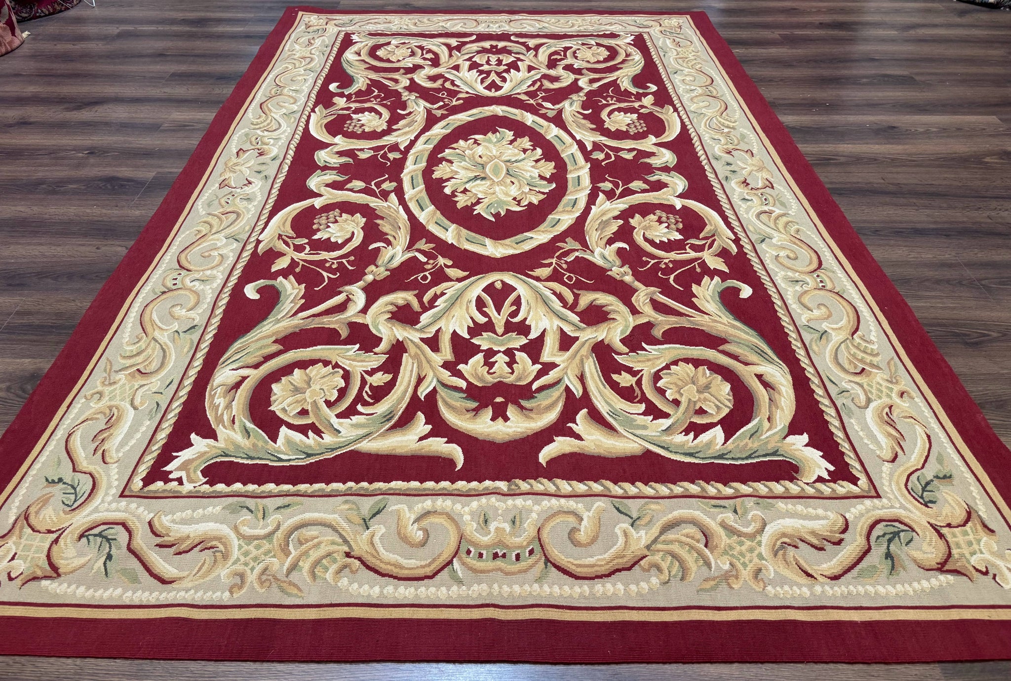Burgundy Aubusson Rug 6x9, Vintage Wool Carpet by Jewel Rugs