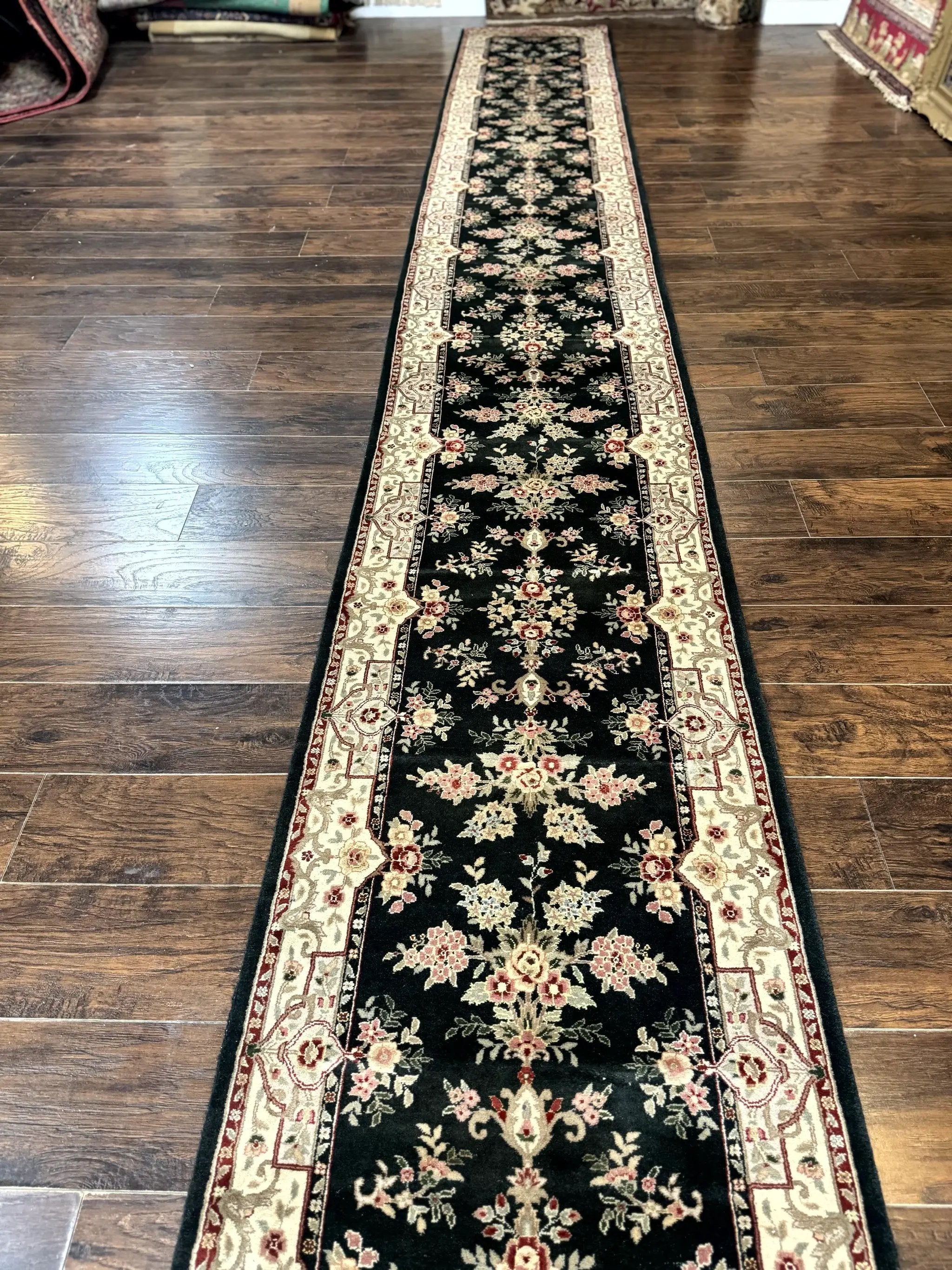 Long Pak Persian Runner Rug 2.7 x 21, Floral Allover, Dark Green and Beige, Handmade Wool Runner Rug, 21ft Runner for Hallway by Jewel Rugs