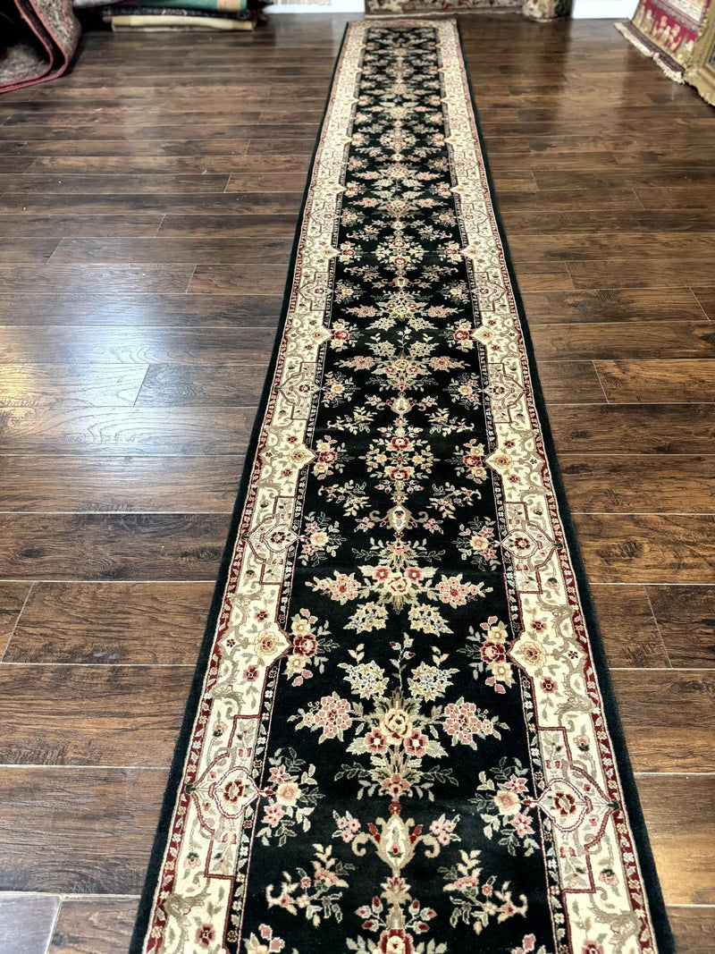 Long Pak Persian Runner Rug 2.7 x 21, Floral Allover, Dark Green and Beige, Handmade Wool Runner Rug, 21ft Runner for Hallway by Jewel Rugs