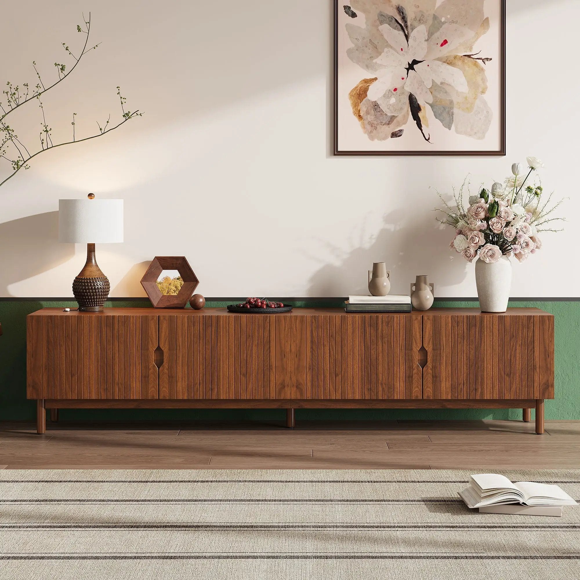 TV Stand With Legs, Media Console, 4 Cabinets For Living Room - Natural Wood by HouseOfZazla