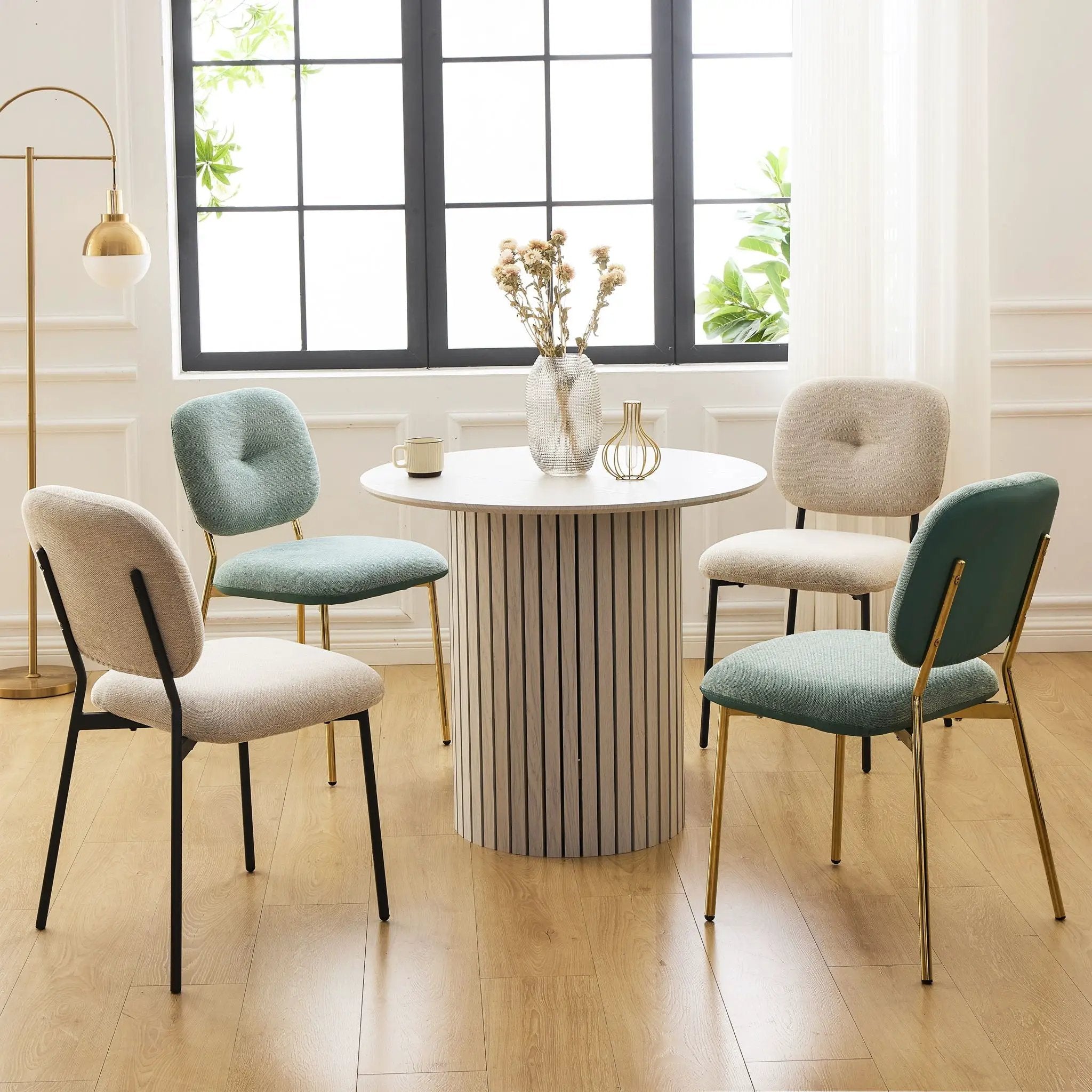 Modern 4 Person Dining Set With Bamboo & Table And Turquoise & Chairs Metal Legs, Space Saving Design - White by Unique Piece Furniture