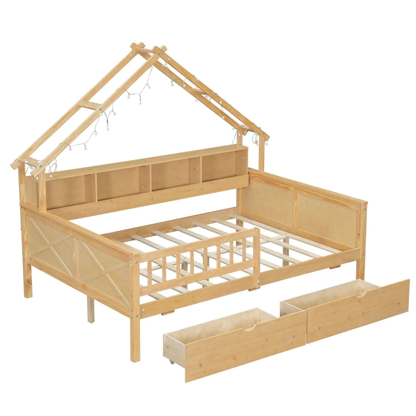 House Style Platform Bed With LED Lights, Storage Shelves, Drawers, And Guardrail by HouseOfZazla