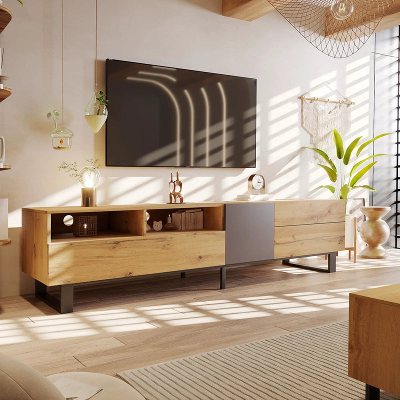 TV Stand For 80'' TV With Double Storage Space, Media Console Table With Drop Down Door by Unique Piece Furniture