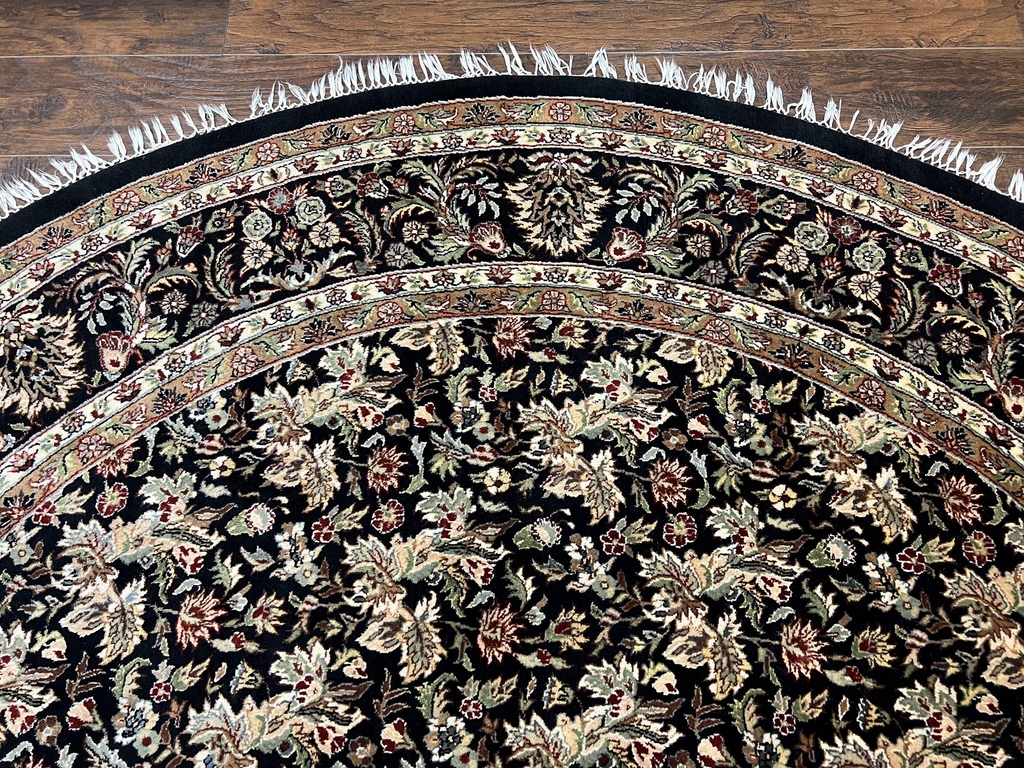Round Oriental Rug 8x8 ft, William Morris Floral Pattern Carpet, 8 x 8 ft Round Rug, Black Cream and Tan 8ft Round Handmade Indo Persian Rug by Jewel Rugs