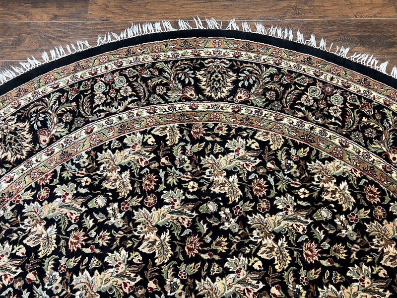 Round Oriental Rug 8x8 ft, William Morris Floral Pattern Carpet, 8 x 8 ft Round Rug, Black Cream and Tan 8ft Round Handmade Indo Persian Rug by Jewel Rugs