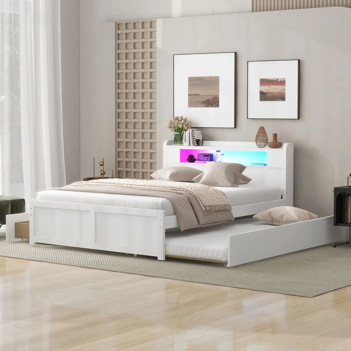 Storage Platform Bed With LED Lights, 2 Drawers And Trundle by HouseOfZazla