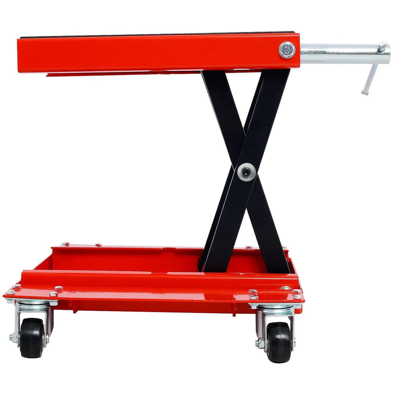 Heavy Duty Motorcycle Lift Jack With Dolly Tray And Wide Deck - Red by HouseOfZazla