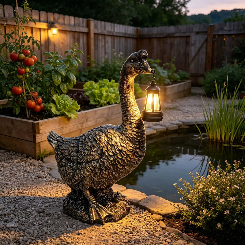 21'' Antique Bronze Goose Statue With Solar Lantern by HouseOfZazla