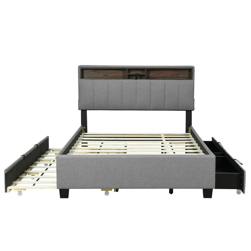 Upholstered Platform Bed With Storage Headboard, Trundle & 2 Drawers And A Set Of Sockets & USB Ports by Unique Piece Furniture