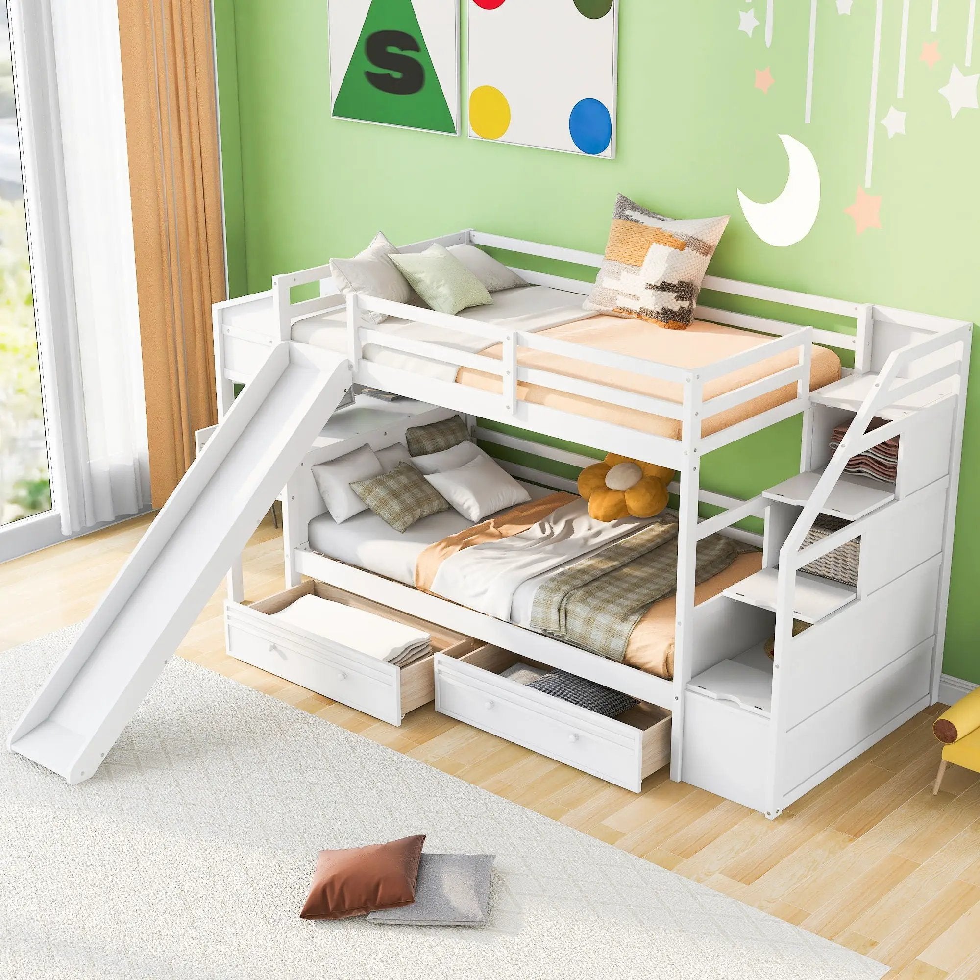 Bunk Bed With Storage Staircase, Slide, Desk, Drawers, And Shelves by Unique Piece Furniture