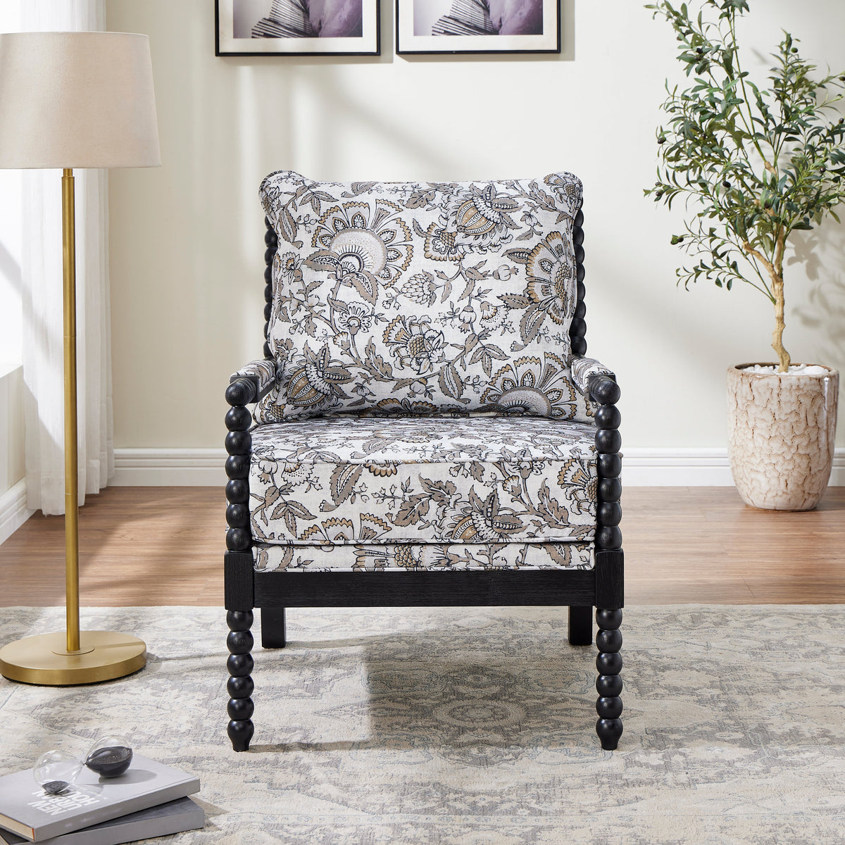 Belvoir Upholstered Spool Accent Chair with Turned Wood Frame - Floral, photo 2 of 8