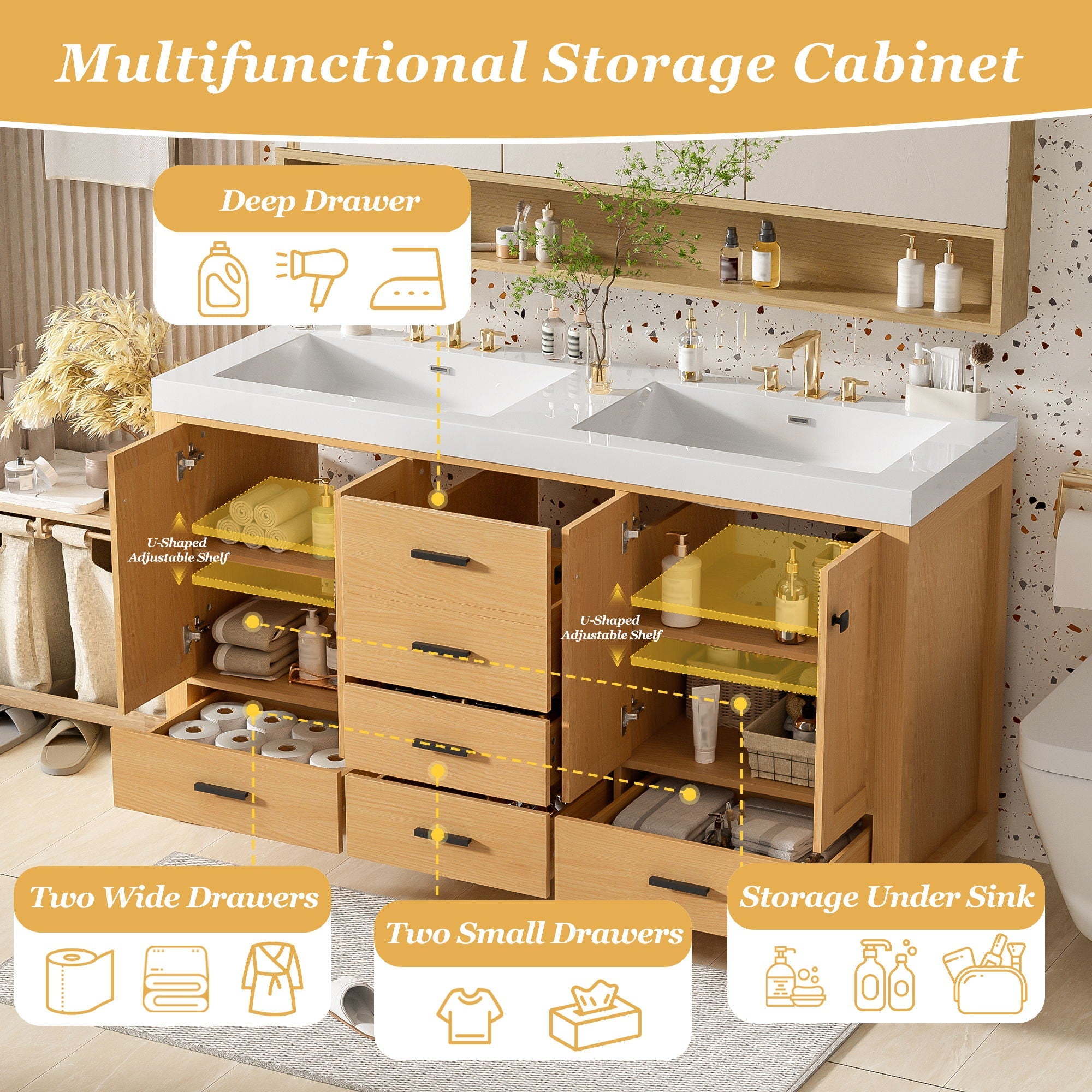 Bathroom Vanity With Double Sink, Soft Close Doors & Drawers Handles - Wood by HouseOfZazla