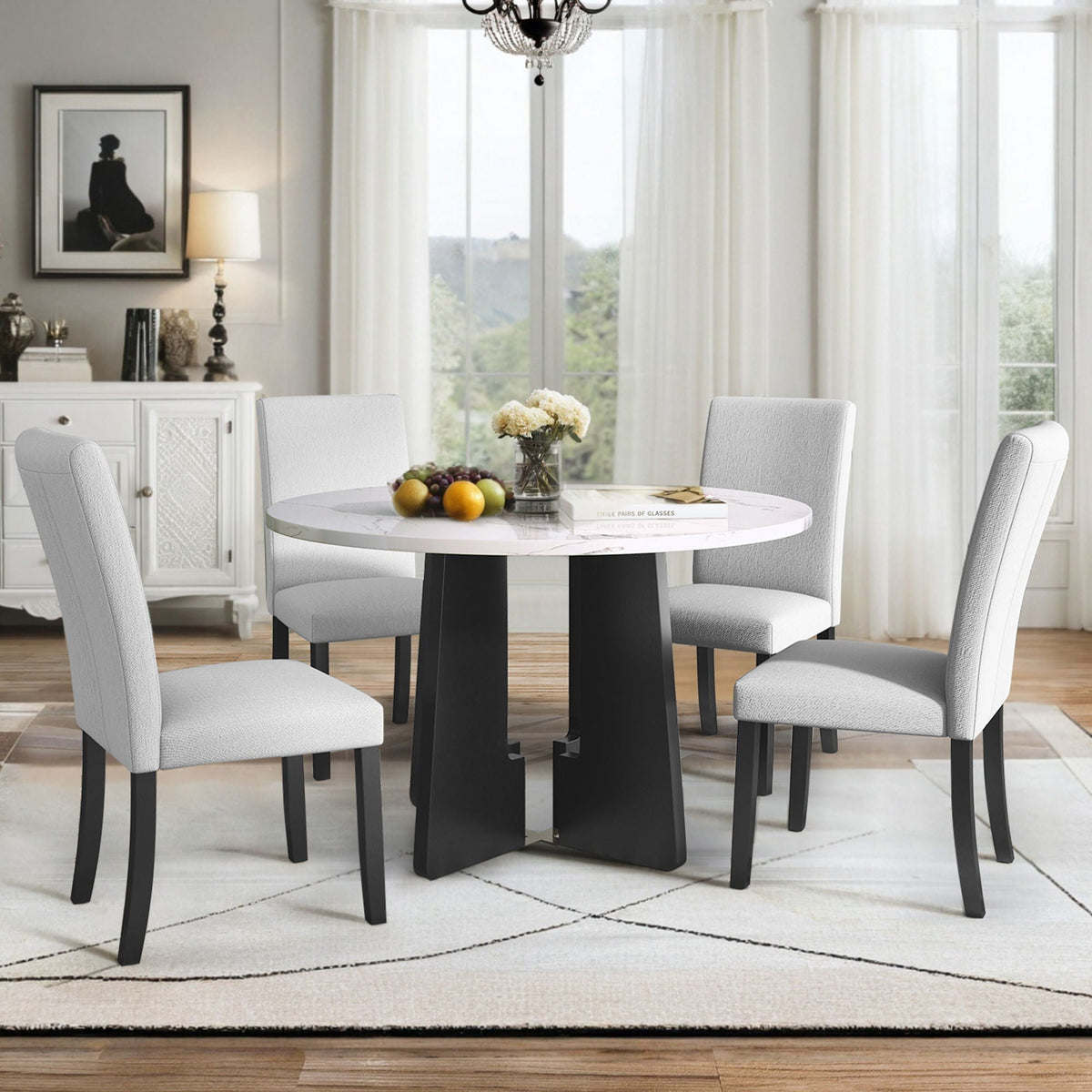 5 Piece Round Dining Table Set, Modern Dining Table And 4 Upholstered Chairs For Dining Room, photo 14 of 14