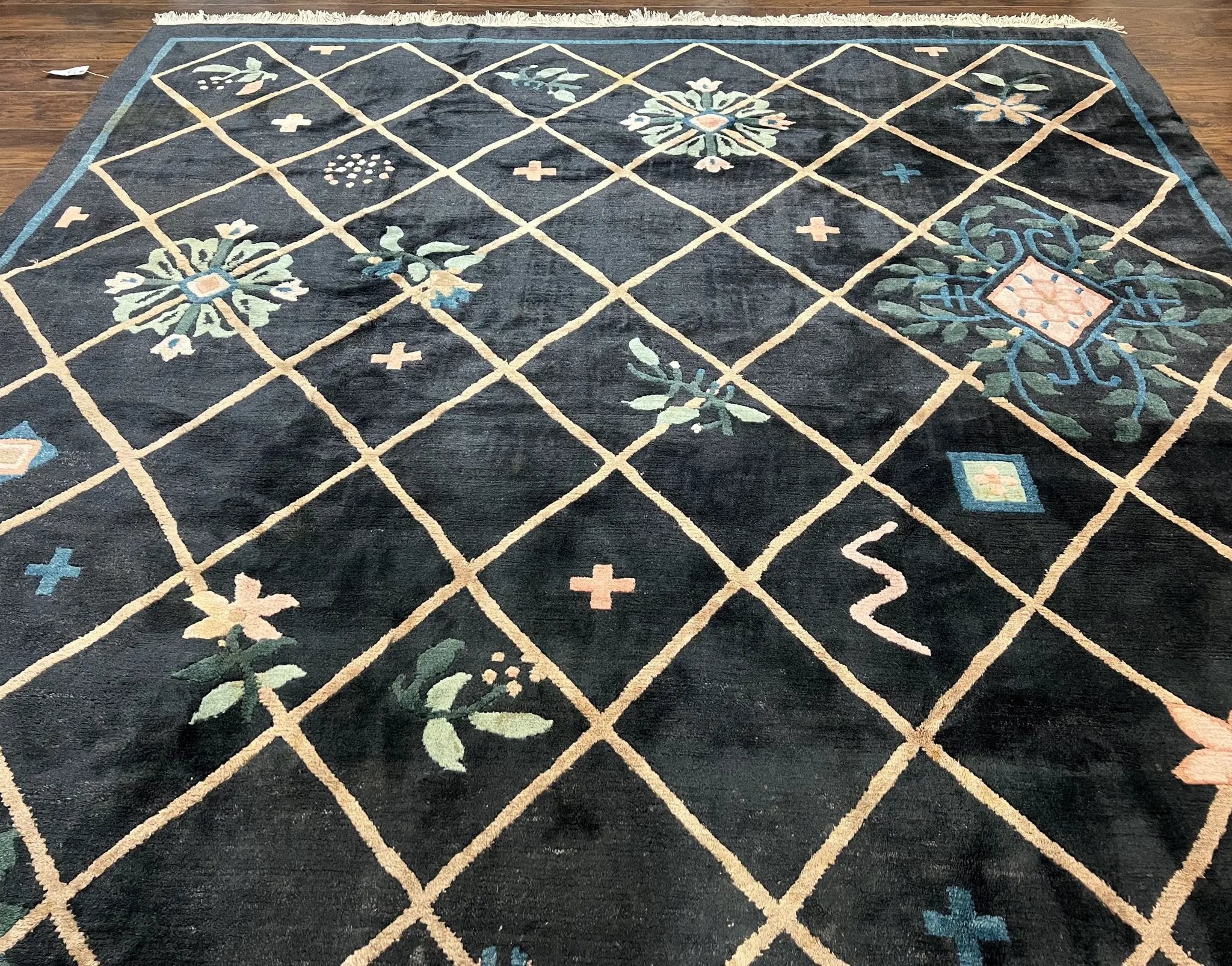 Tibetan Rug 9x12, Hand Knotted Tibet Nepali Contemporary Carpet 9 x 12 ft, Black and Tan, Handmade Area Rug Room Sized, Nepalese Rug by Jewel Rugs