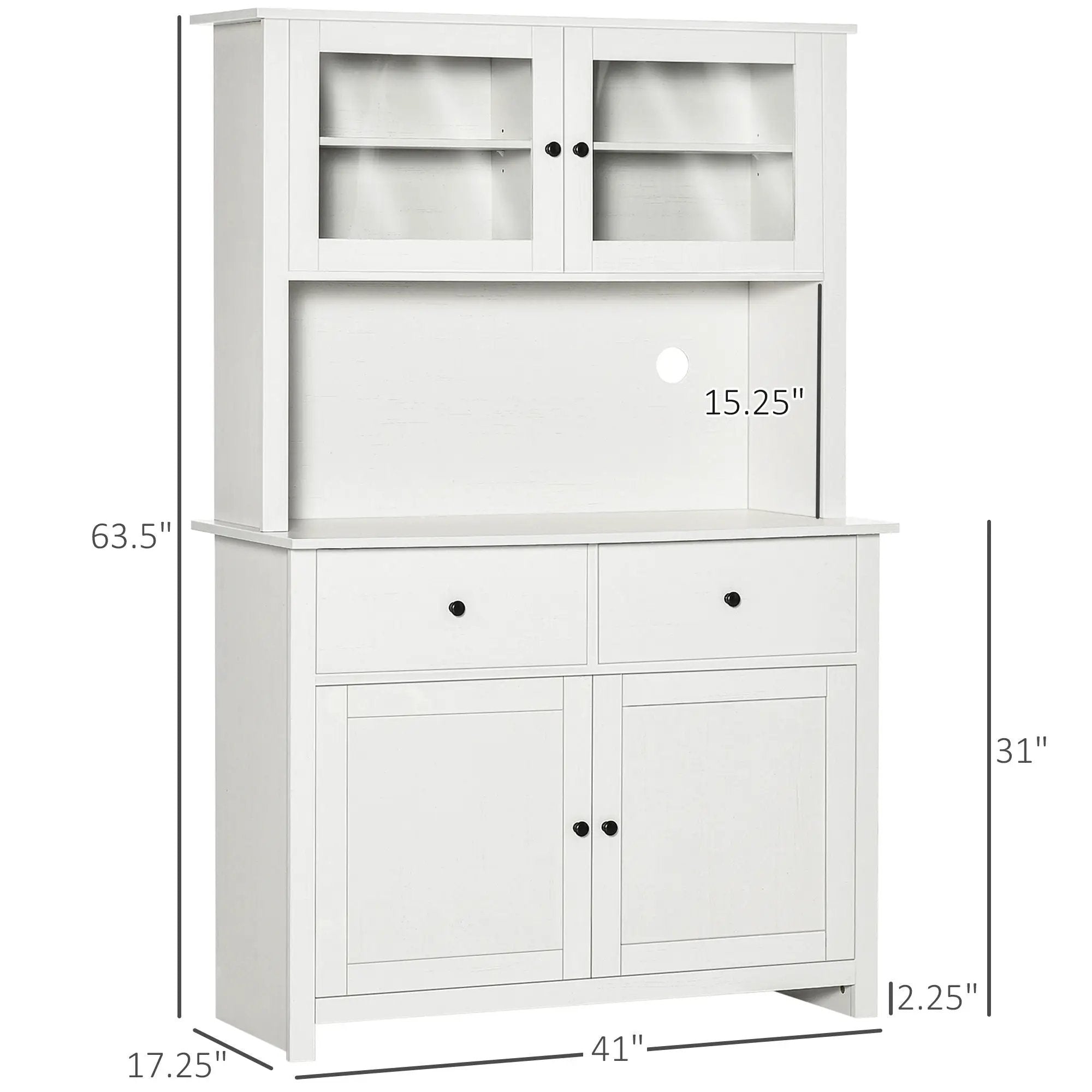 Homcom - 63.5" Kitchen Buffet With Hutch, Pantry Storage Cabinet With 4 Shelves, Drawers, Framed Glass Doors, Open Microwave Countertop - Antique White by Unique Piece Furniture
