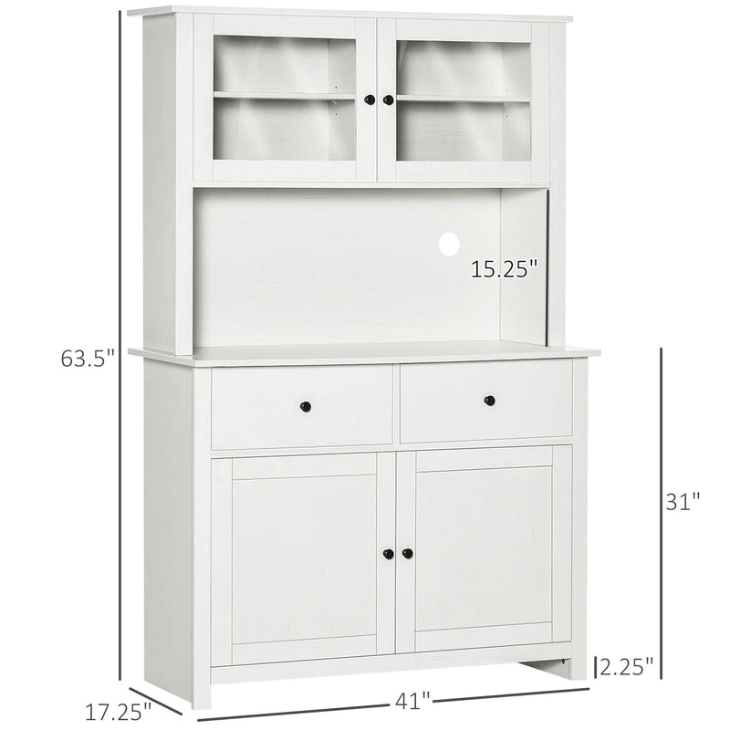 Homcom - 63.5" Kitchen Buffet With Hutch, Pantry Storage Cabinet With 4 Shelves, Drawers, Framed Glass Doors, Open Microwave Countertop - Antique White by Unique Piece Furniture