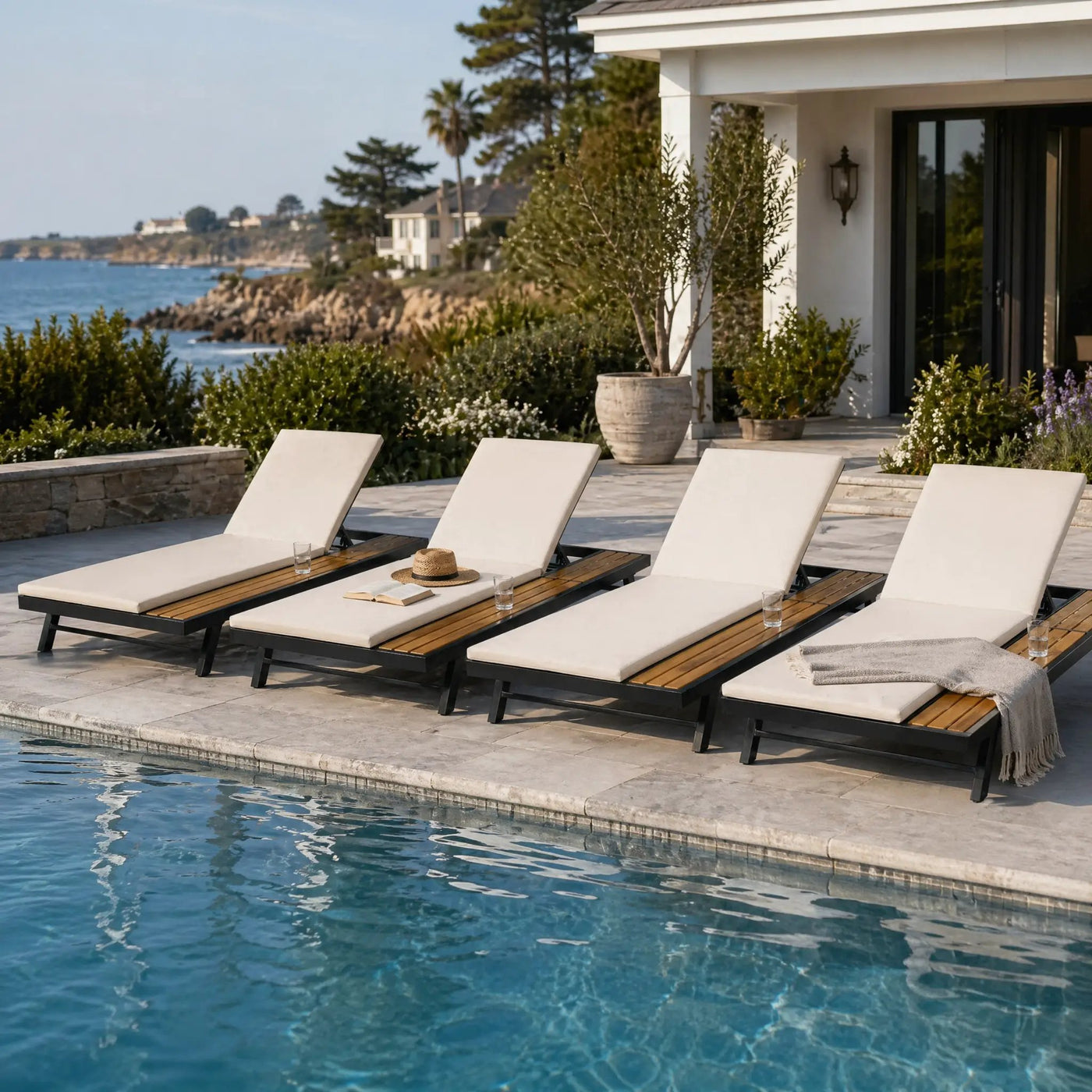 Black Iron and Teak Finish Outdoor Chaise Lounge Set by HouseOfZazla
