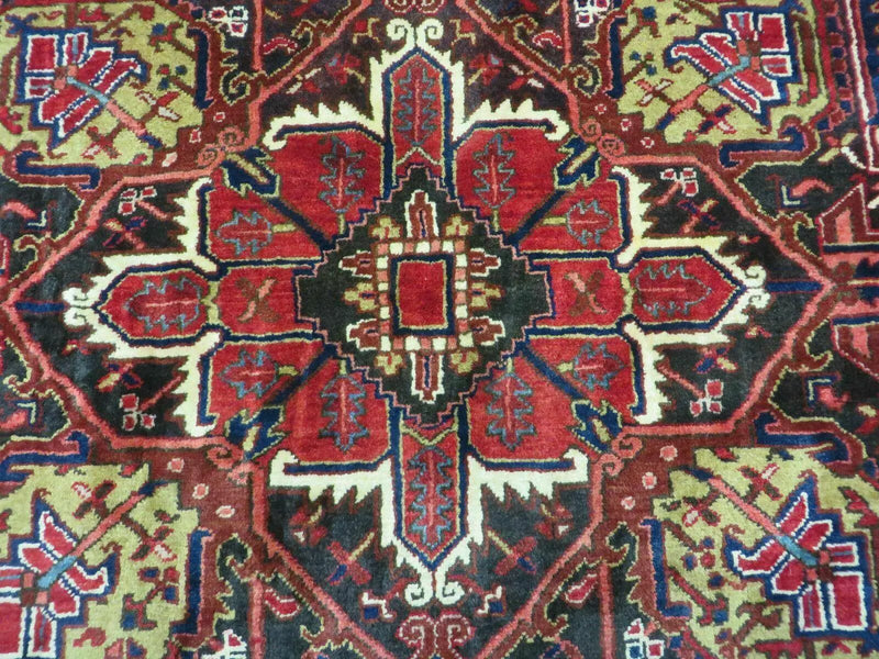 Wonderful Persian Heriz Rug 8.6 x 11, Geometric Heriz Carpet, Semi Antique Decorative Area Rug, Red Ivory Dark Blue Handmade Wool Room Sized by Jewel Rugs