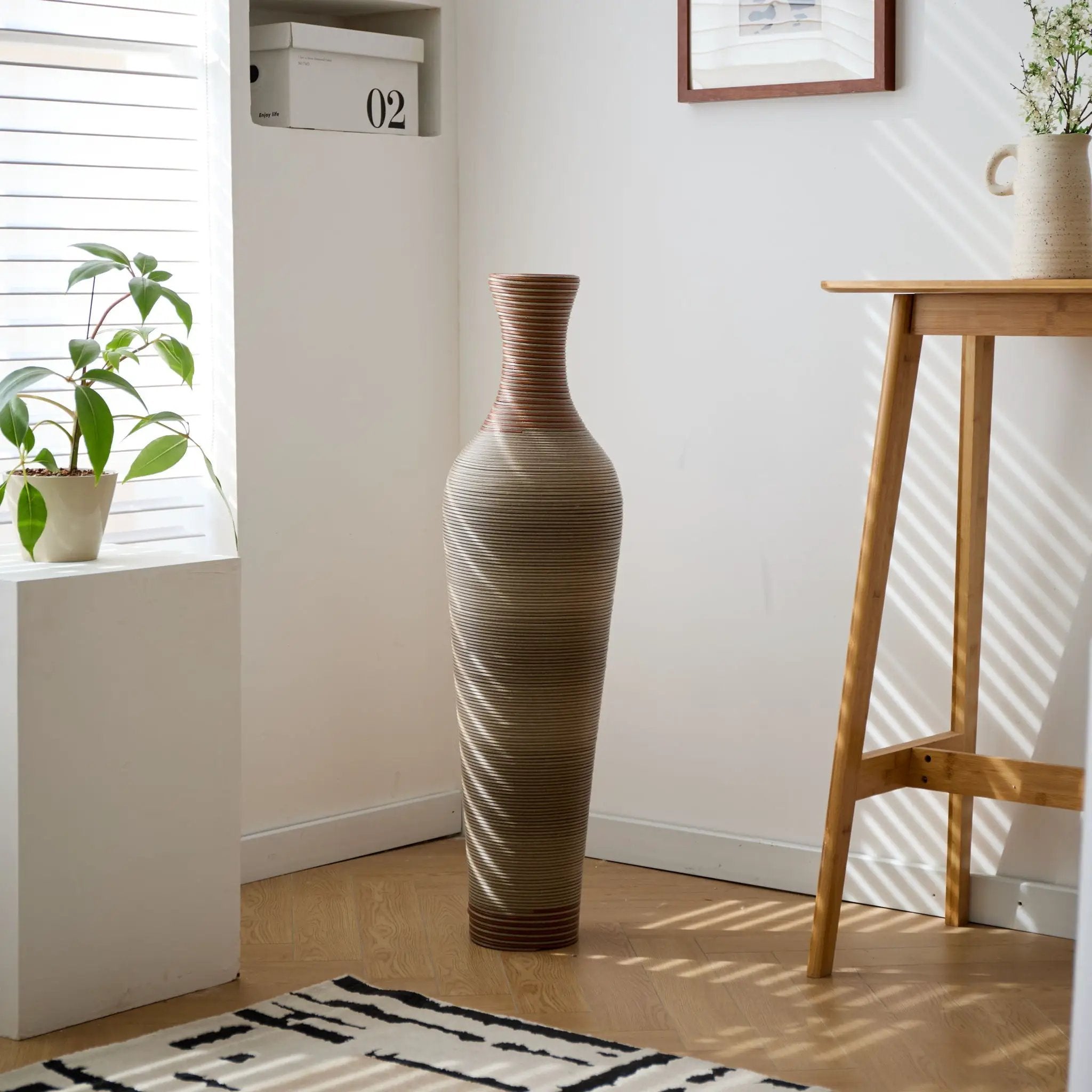 Tall Vase - Brown Decorative Floor Vase, Classic Neat Floor Vase Tall Freestanding Flower Holder, Artificial Rattan Vase, Floor Vase, Flower Holder For Home Decor - Gray by Unique Piece Furniture