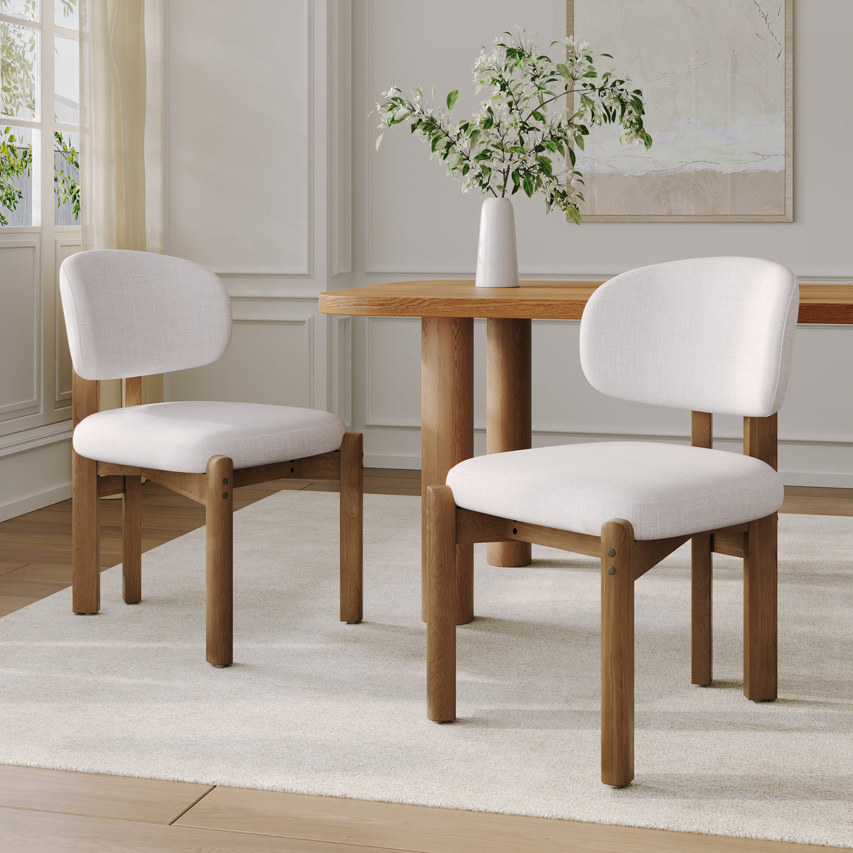 Beige Upholstered Mid-Century Dining Chair with Walnut Frame - Beige