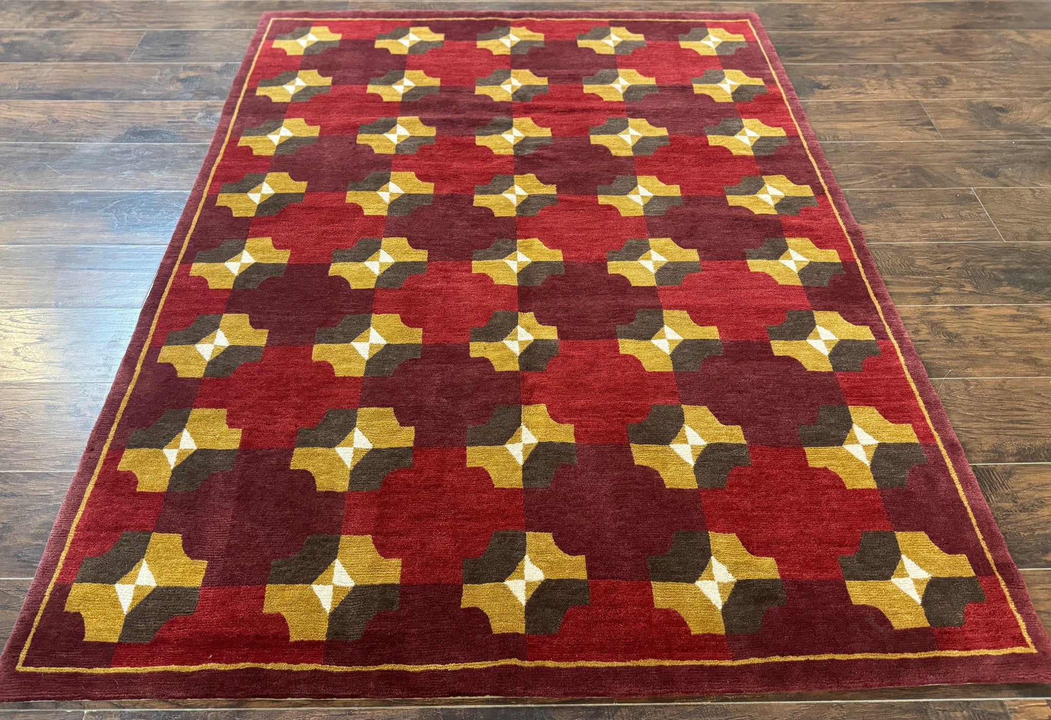 Modern Tibetan Rug 5 x 6.8, Wool, Red, Allover Pattern, Nepali Rug, Abstract Rug, Handmade Area Rug by Jewel Rugs