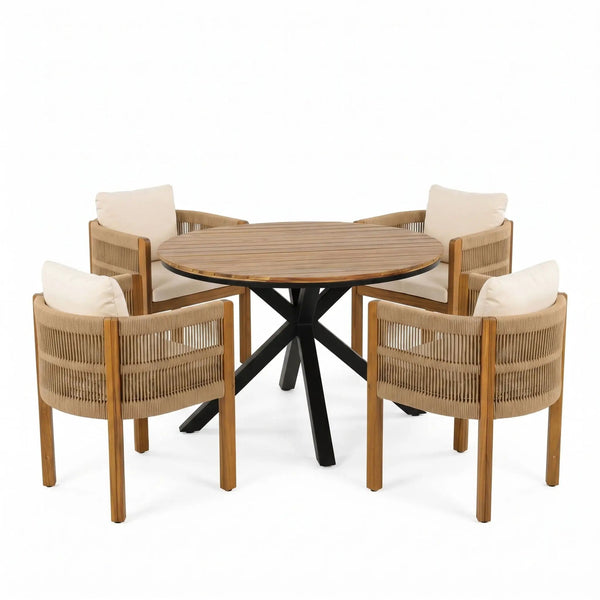 5 Piece Outdoor Dining Set With Round Table And 4 Wrapped Chairs - Black / Brown / Teak