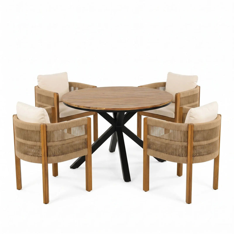 5 Piece Outdoor Dining Set With Round Table And 4 Wrapped Chairs - Black / Brown / Teak by HouseOfZazla
