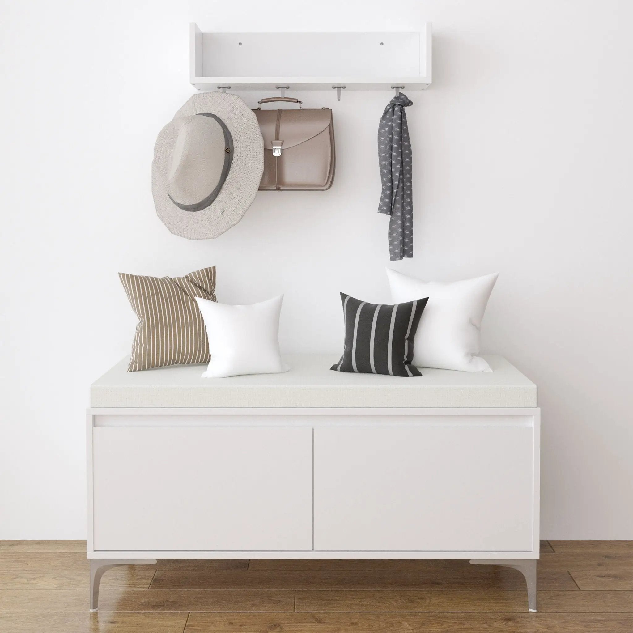 Wall Mounted Entryway Shelf With Hooks And Storage Bench Set - Off White by HouseOfZazla