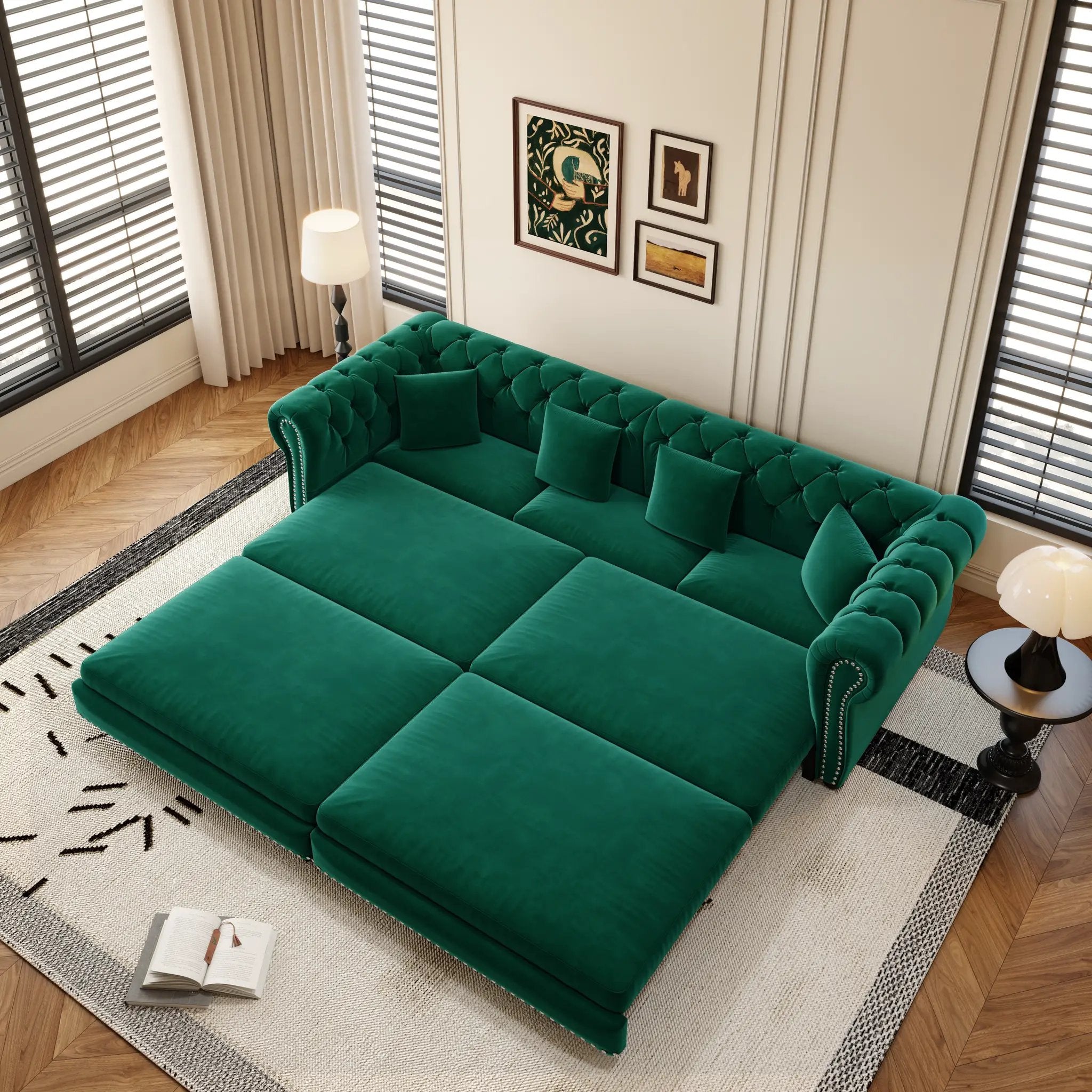 Chesterfield 3-in-1 Pull-Out Sofa Bed - Green by HouseOfZazla