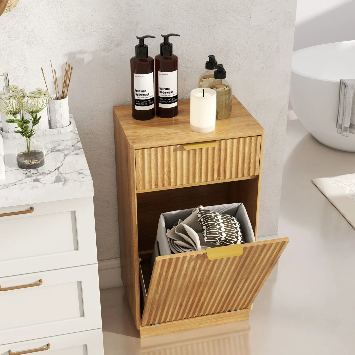 Tilt Out Trash Can Cabinet With Wave Textured Drawer & Pull Out Bin by HouseOfZazla
