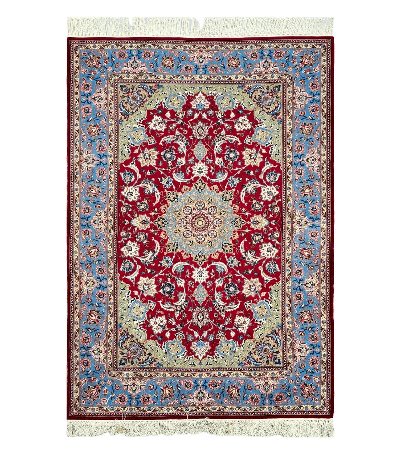 Semi Antique Persian Isfahan Rug, Kork Wool on Silk Foundation, Red & Blue, Top Quality, 3'6" x 5' 6" by Jewel Rugs