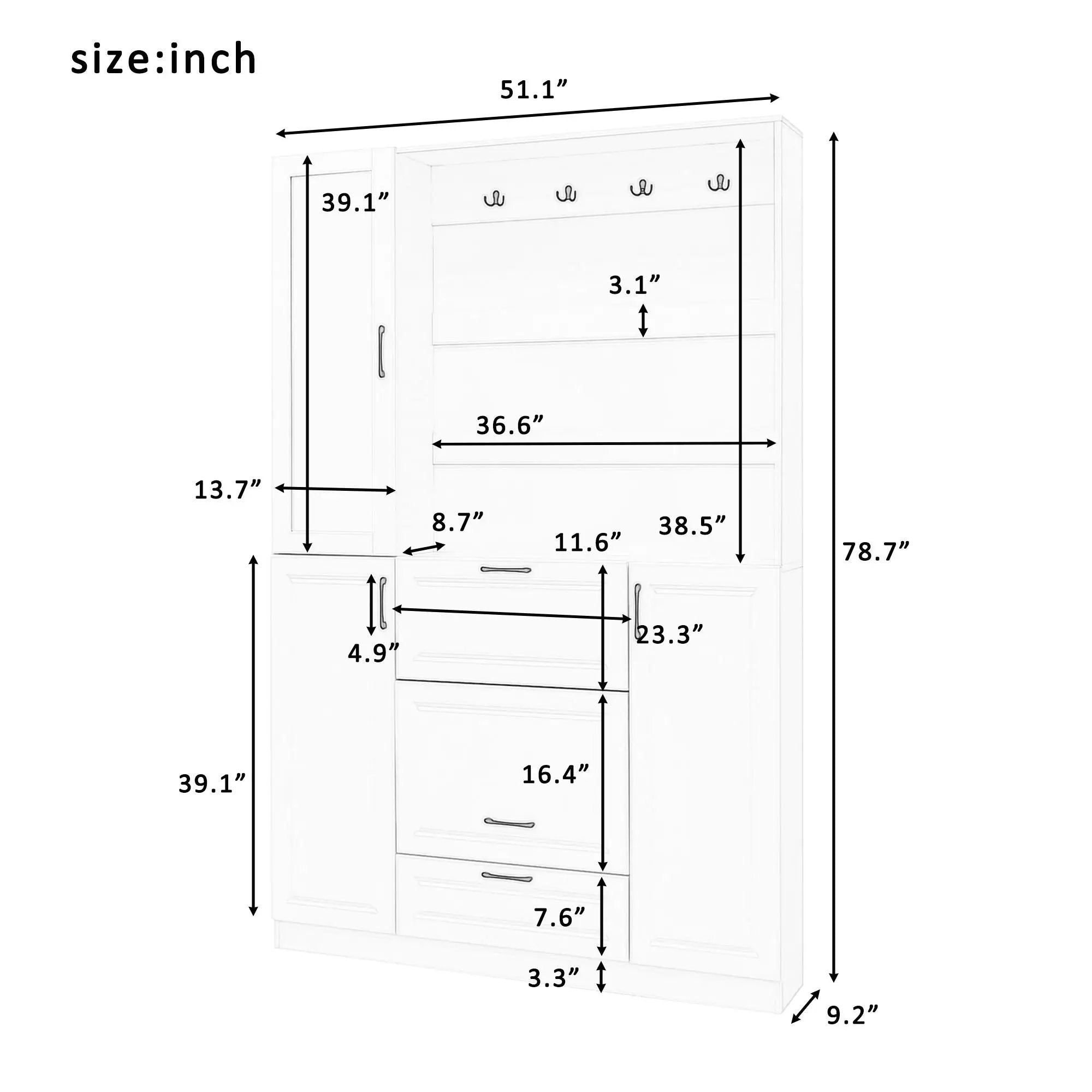 Entryway Bench With Integrated Shoe Cabinet, 3 In 1 Design And Mirrored Cabinet Door, Hall Tree With 4 Sturdy Hooks And Foldable Seat For Entrance, Living Room - White by HouseOfZazla
