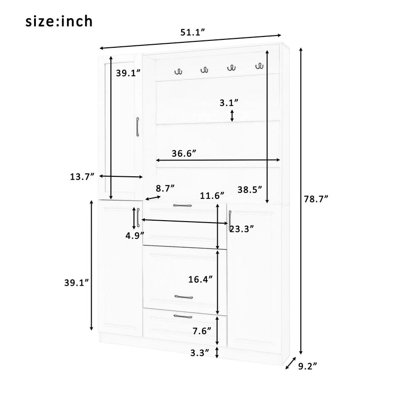 Entryway Bench With Integrated Shoe Cabinet, 3 In 1 Design And Mirrored Cabinet Door, Hall Tree With 4 Sturdy Hooks And Foldable Seat For Entrance, Living Room - White by HouseOfZazla