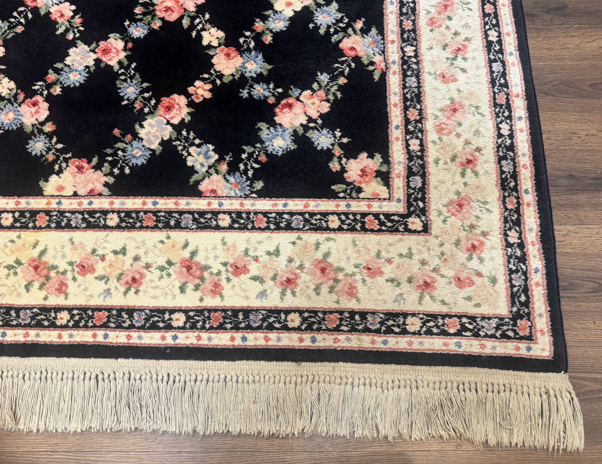 8.8 x 12 Karastan Garden of Eden Rug, Ebony Trellis #509/1270, Black, Floral, Wool Pile, Vintage, Discontinued by Jewel Rugs