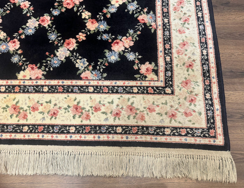 8.8 x 12 Karastan Garden of Eden Rug, Ebony Trellis #509/1270, Black, Floral, Wool Pile, Vintage, Discontinued by Jewel Rugs