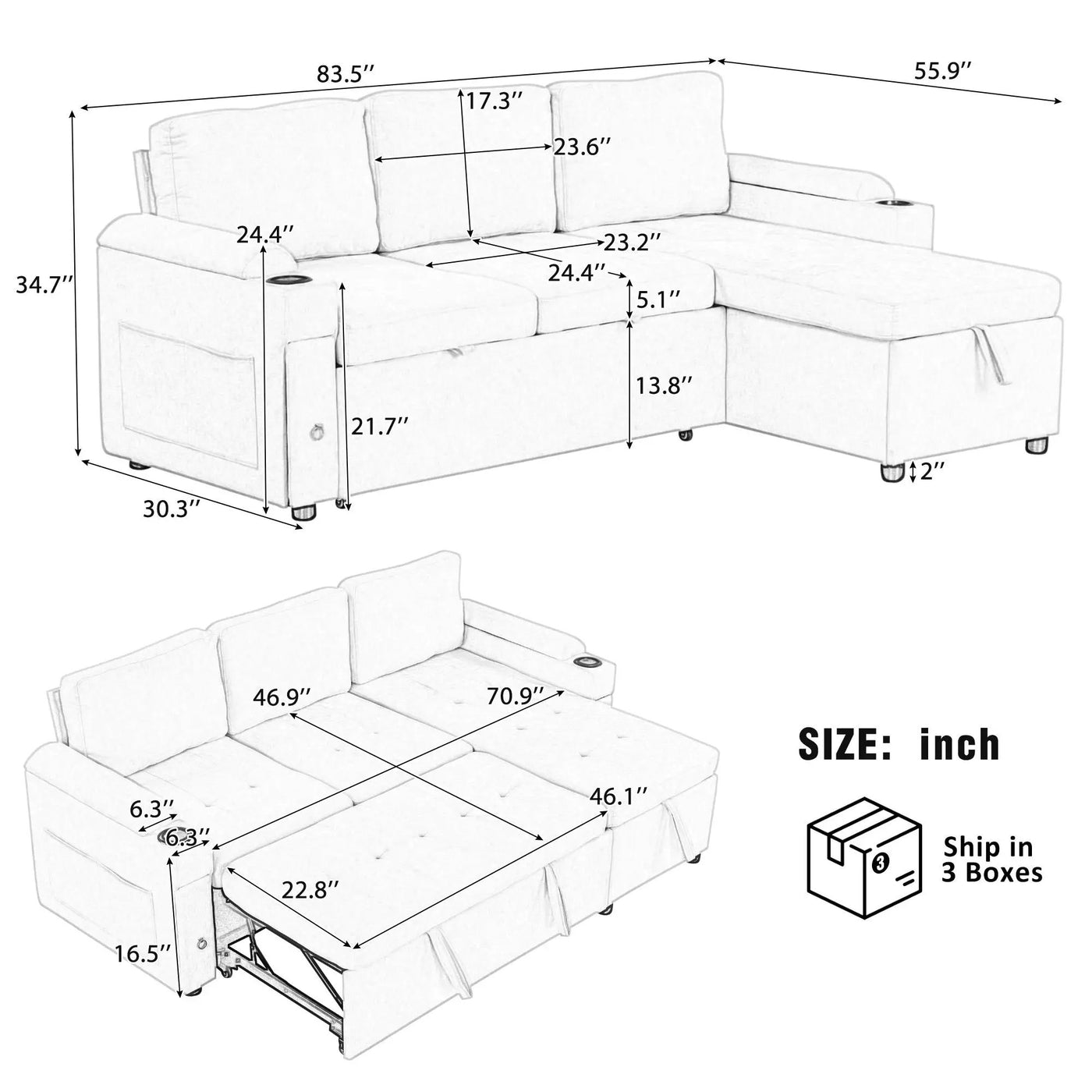Convertible L Shaped Sofa Couch With Storage, Cup Holders, USB Ports by Unique Piece Furniture