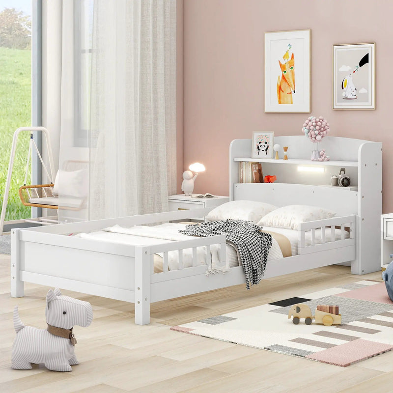 Wood Platform Bed With Built In LED Light, Storage Headboard And Guardrail by Unique Piece Furniture