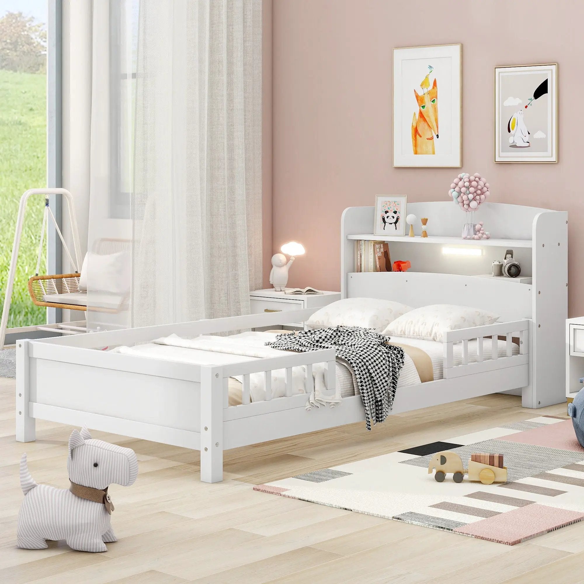 Wood Platform Bed With Built In LED Light, Storage Headboard And Guardrail