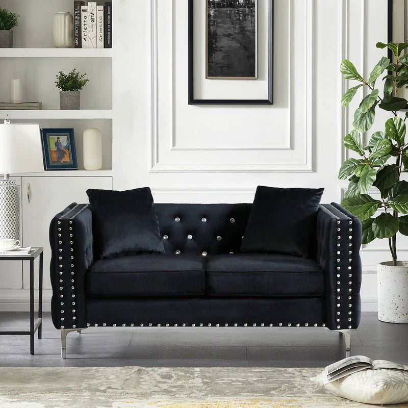 Wide Sofa With Jeweled Buttons Square Arm, 2 Pillows by Unique Piece Furniture