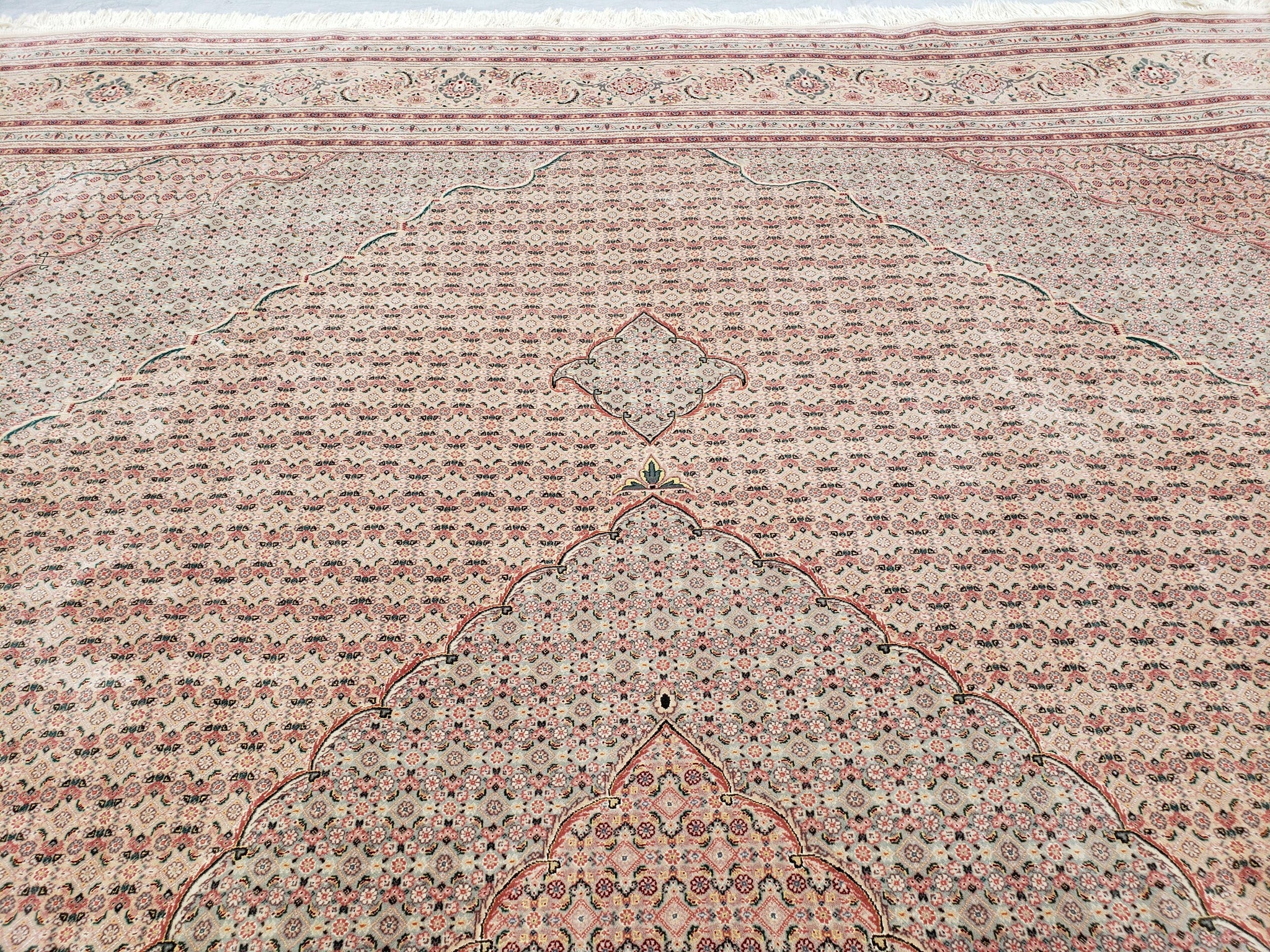 Stunning Oversized Pak Persian Oriental Rug 12x15, Hand Knotted Wool & Silk Palace Sized Carpet, Mahi Pattern, Very Fine, Peach Beige, Wow by Jewel Rugs