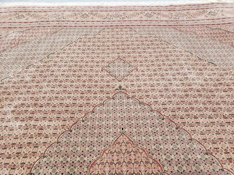 Stunning Oversized Pak Persian Oriental Rug 12x15, Hand Knotted Wool & Silk Palace Sized Carpet, Mahi Pattern, Very Fine, Peach Beige, Wow by Jewel Rugs