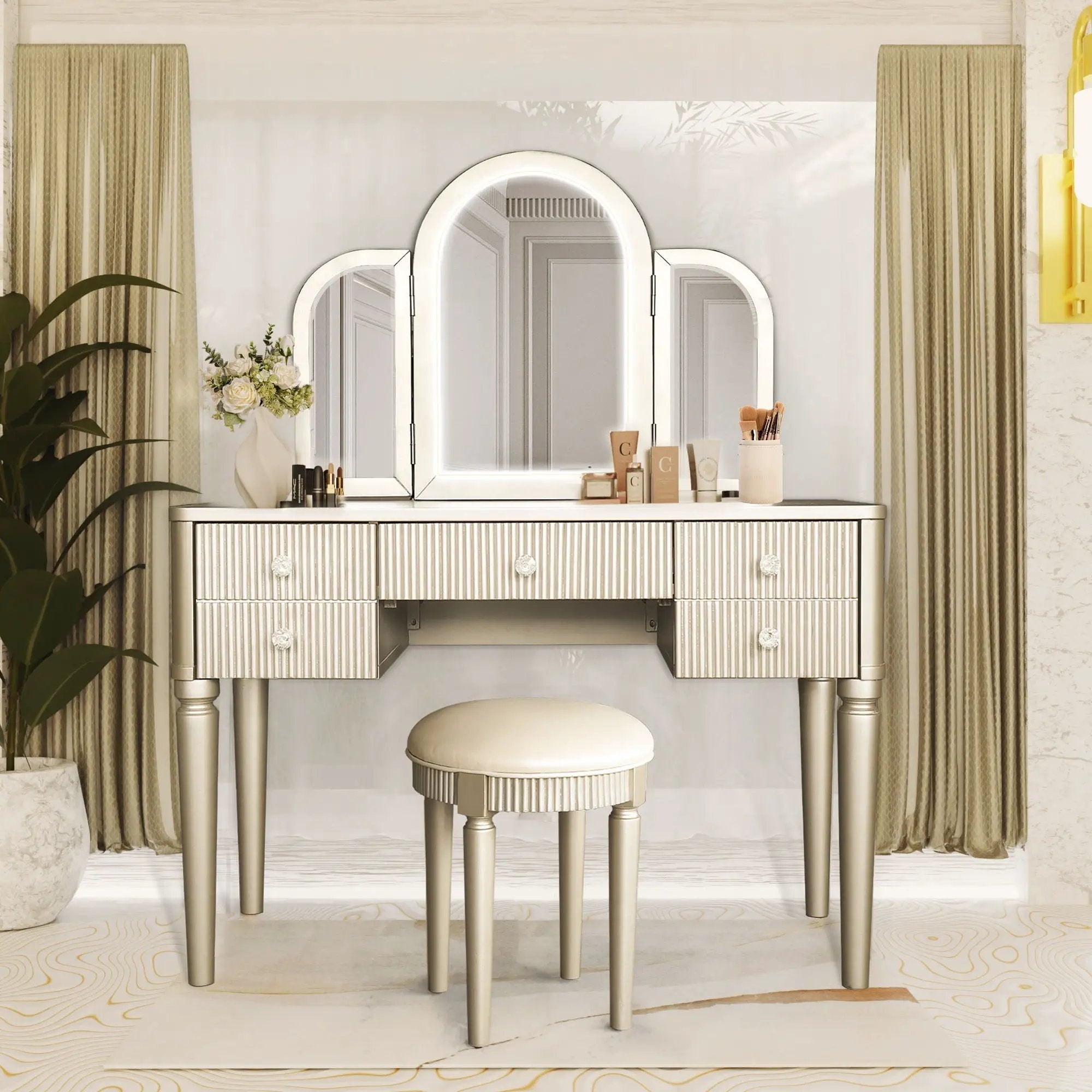 Mirrored Makeup Vanity Table Set With Adjustable Lighting And Storage by HouseOfZazla