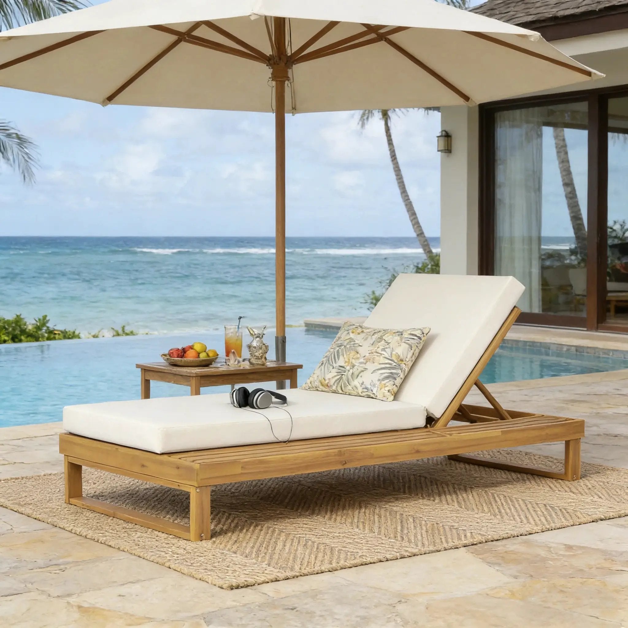 Teak Finish Acacia Wood Chaise Lounge with 4-Inch Cushion by HouseOfZazla