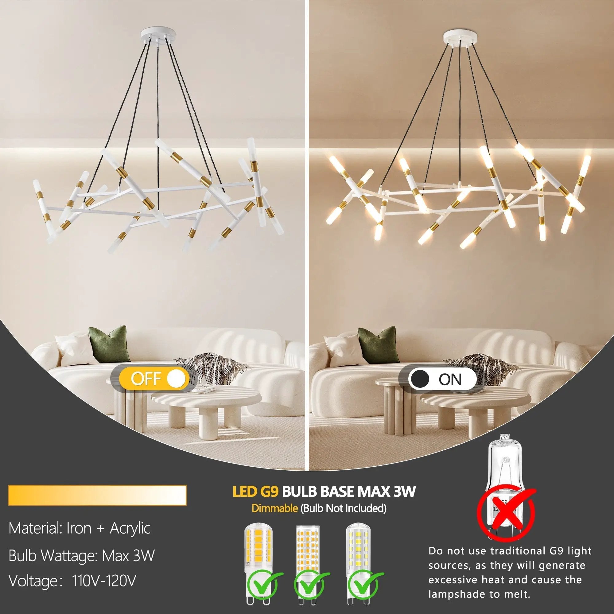 41" White & Golden Modern Chandelier Light Fixture by HouseOfZazla